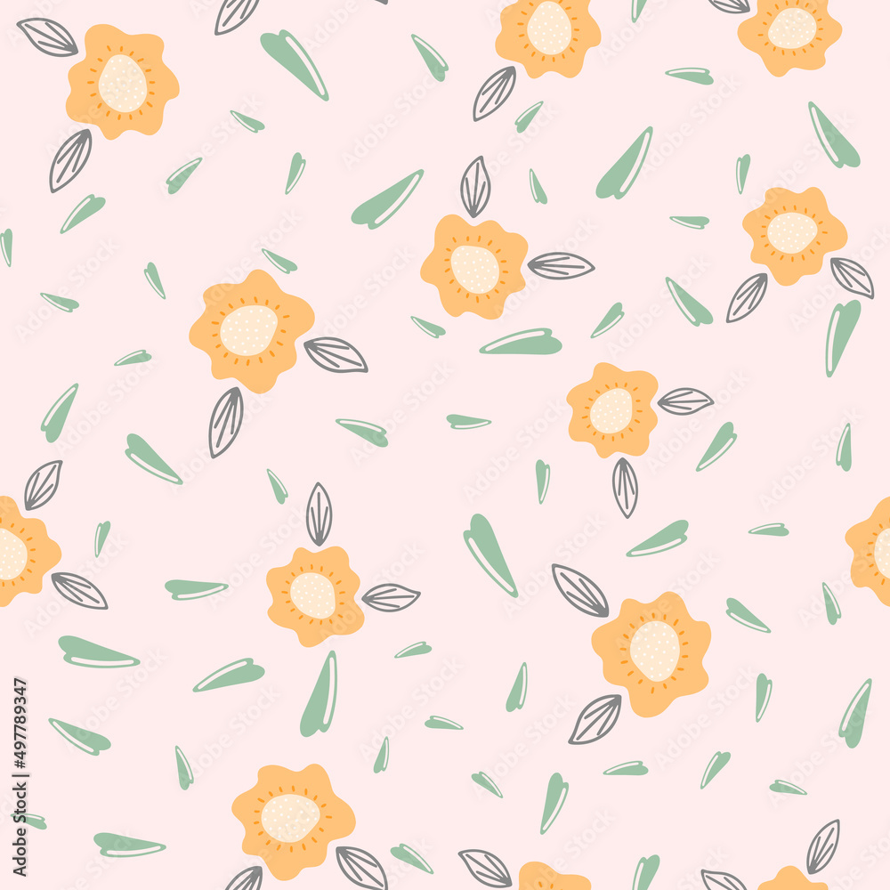Flowers and leaf seamless pattern. Scandinavian style background. Vector illustration for fabric design, gift paper, baby clothes, textiles, cards. Flowers and leaf seamless pattern. Scandinavian style background. Vector illustration for fabric design, gift paper, baby clothes, textiles, cards.