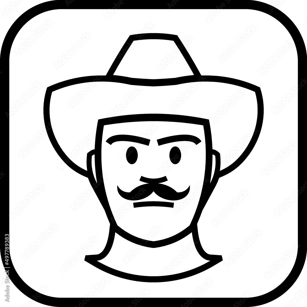 Man face with moustache. Macho with mustache in cowboy hat vector icon Man face with moustache. Macho with mustache in cowboy hat vector icon