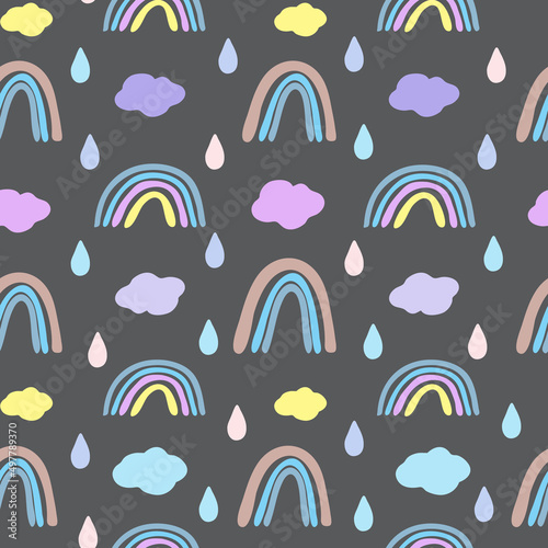 Seamless pattern with rainbows and clouds in Scandinavian style. Boho pattern for the nursery.Hand drawn rainbow vector.