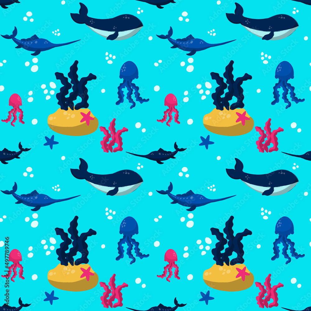 Hand drawn world oceans day seamless pattern.