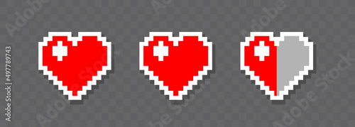 Three pixel hearts. The health bar in the video game. Design elements for video games. Vector clipart isolated on transparent background.