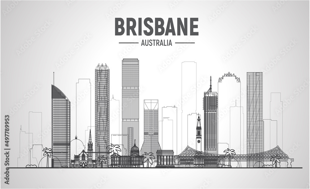 Brisbane Australia line skyline on white background. Vector Illustration. Business travel and tourism concept with modern buildings. Image for banner or website