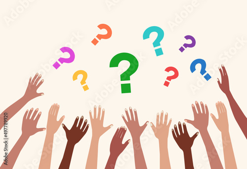 Hands multicultural people with question marks. Anonymous arms raised of Crowd diversity people. Participation or election concept. Man and women of multiethnic races. Communication. Vote.