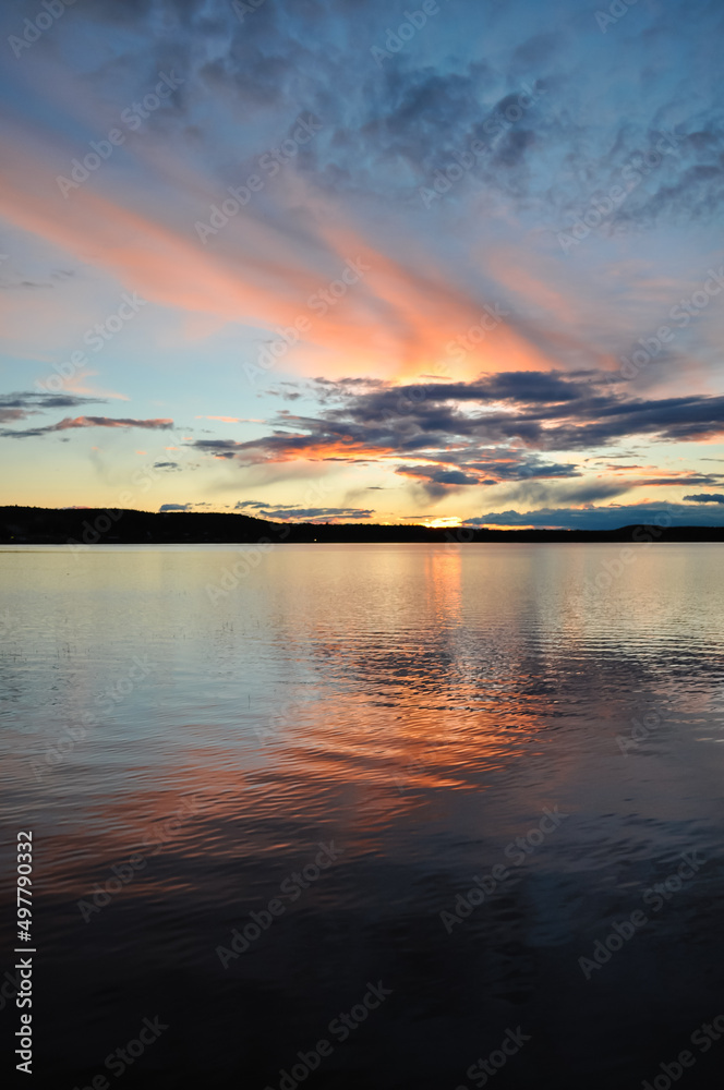 Colourful sunset over the lake in Sweden