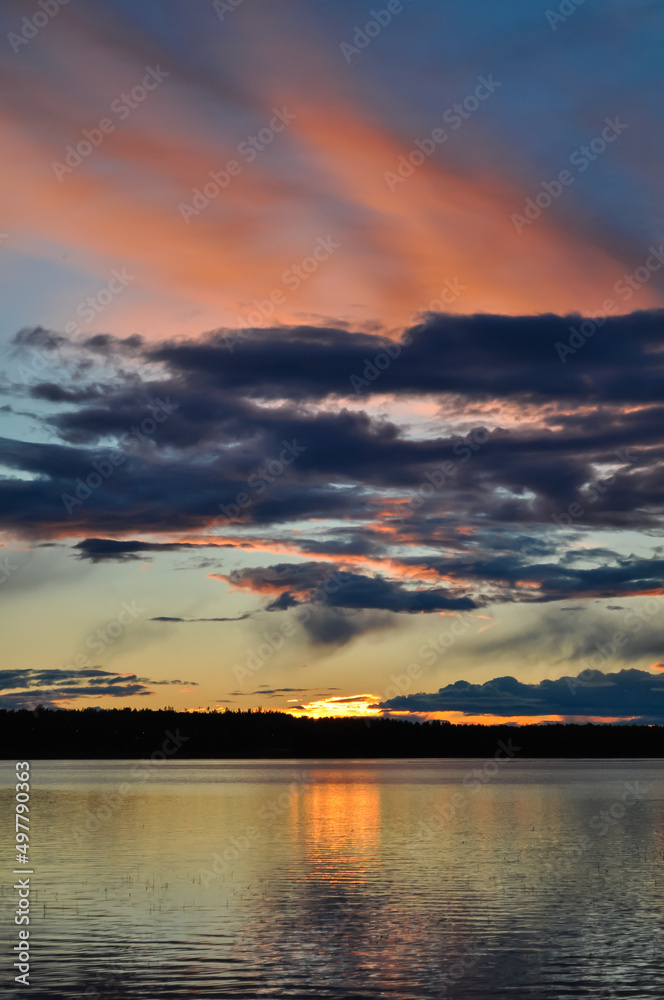 Colourful sunset over the lake in Norway. Orange, red, blue colors in Nordic sky reflecting in the water
