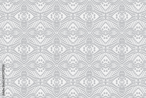 Vintage embossed white background, cover design. Geometric decorative 3D pattern, ethnic texture. Creativity of the peoples of the East, Asia, India, Mexico, Aztecs, Peru in handmade style.