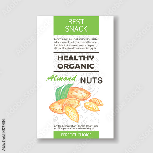 Healthy almond nut vertical label. Vector packaging design.