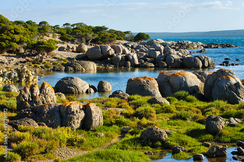 Coastal scenery with lichen covered granite boulders, salt-resistant plants and coastal shrub vegetation. Lincoln National Park, Eyre Peninsula, South Australia.
