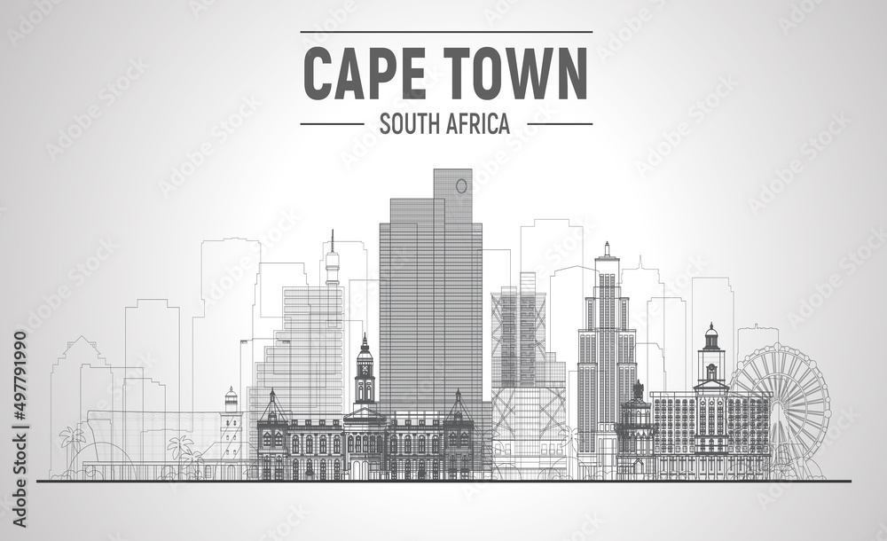 Fototapeta premium Cape Town line skyline with panorama in white background. Vector Illustration. Business travel and tourism concept with modern buildings. Image for presentation, banner, website.