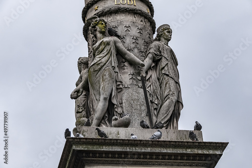 Fontaine du Palmier (or Fontaine de la Victoire, or Fontaine du Chatelet, 1808) - fountain with goddess Victory at top, to celebrate victories of Napoleon Bonaparte. Place du Chatelet, Paris, France.