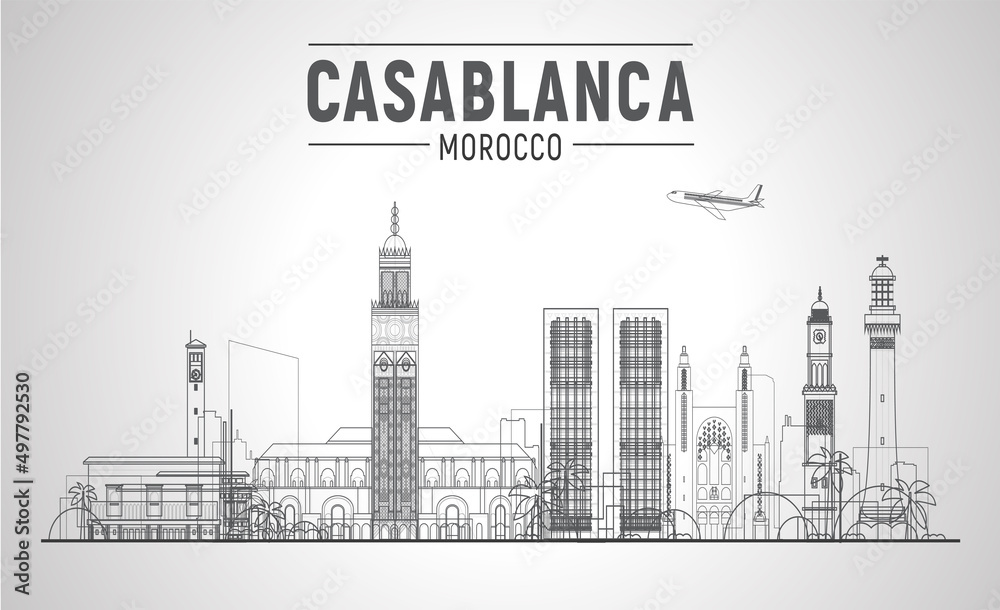 Fototapeta premium Casablanca, ( Morocco) line city skyline vector illustration sky background. Business travel and tourism concept with modern buildings. Image for presentation, banner, web site.