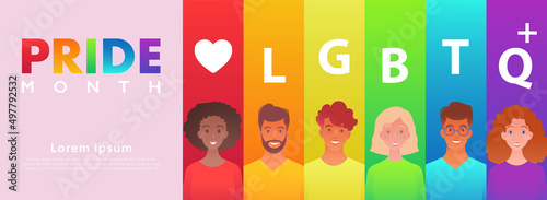 LGBTQ plus PRIDE vector banner with portraits of diverse people on striped rainbow vector background