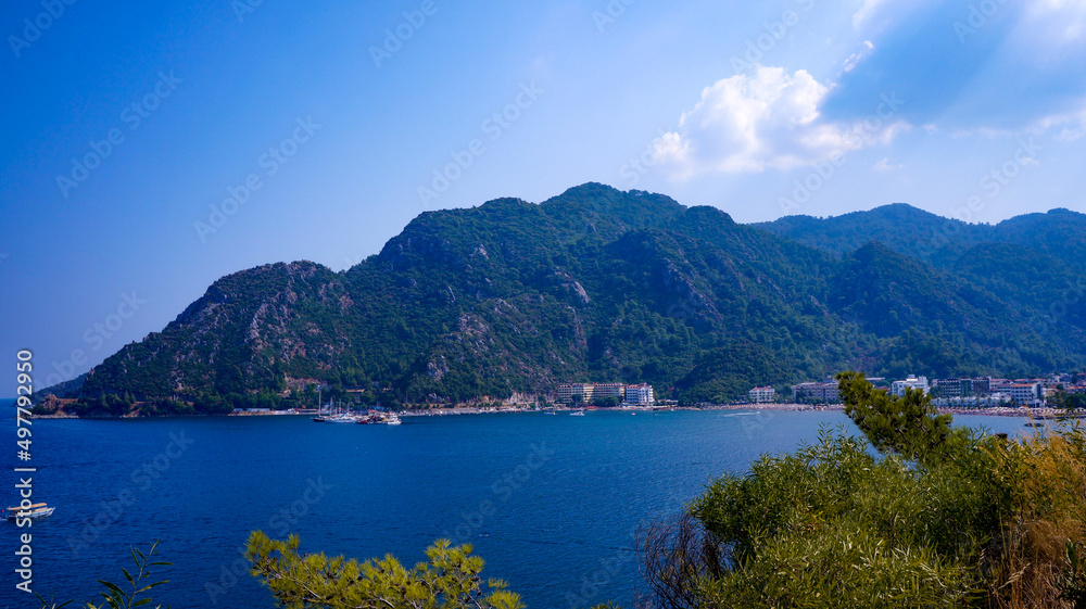 black sea view from the mountains through the branches of trees. tourism. trips. the mountains