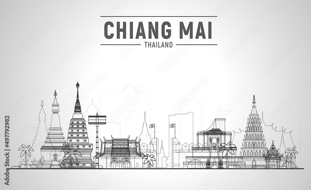 Chiang Mai Thailand line skyline with panorama in white background. Vector Illustration. Business travel and tourism concept with modern buildings. Image for banner or website.