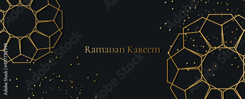 Greeting card for ramadan with golden arabic ornament on a black background.
