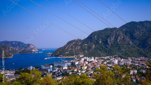 black sea view from the mountains through the branches of trees. tourism. trips. the mountains
