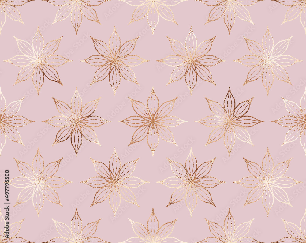 Abstract geometric seamless pattern with gold decorative flowers tiles. Abstract geometric seamless pattern with gold decorative flowers tiles.