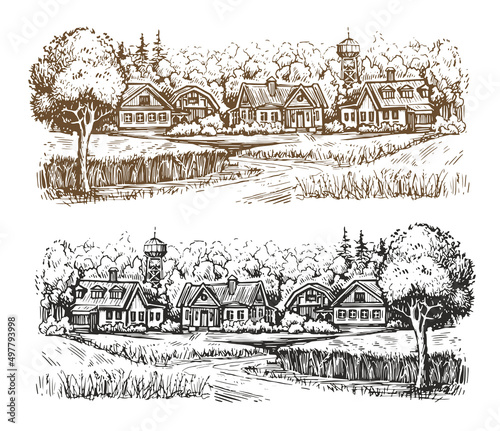 Village landscape rural road drawing. Sketch illustration vector
