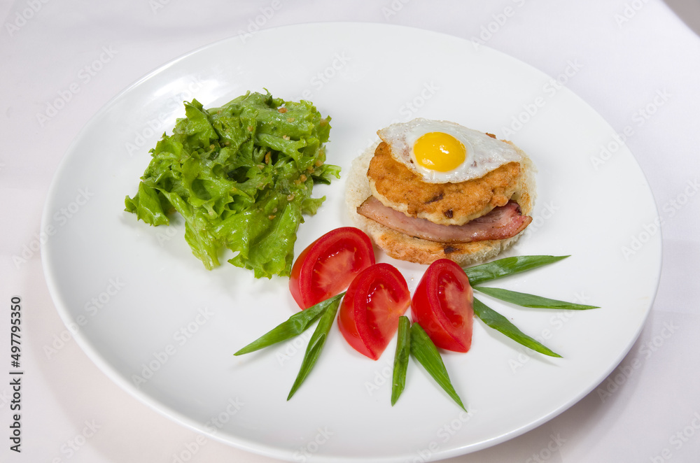 Sandwich with meat and egg, fresh green salad, fresh red tomatoes on a white bowl. Sandwich with meat and egg, fresh green salad, fresh red tomatoes on a white bowl.