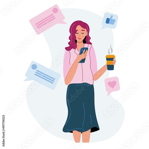 Young Woman Typing Contact Dial Number to Make a Phone Call. Female Character Flat Vector Cartoon Design. Hand Tapping numeral Button in Smartphone. Telecommunication Technology Concept.