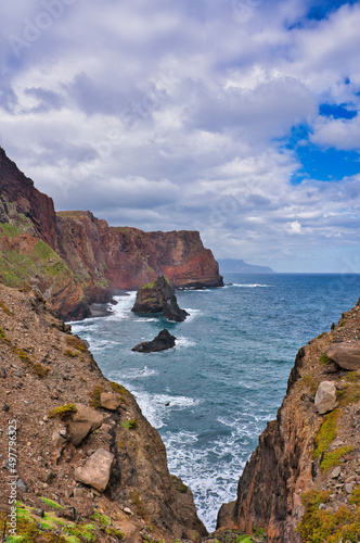 Ponta de Sao Lourenco, Madeira,Portugal. Beautiful scenic mountain view of green landscape,cliffs and Atlantic Ocean.