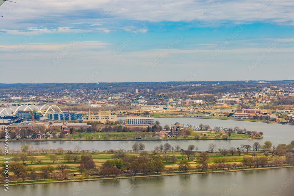 Aerial view of the National War College and cityscape of Washington DC