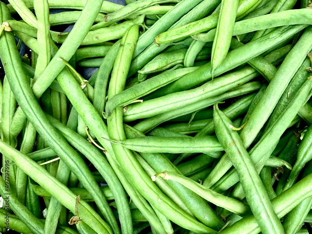 Fresh organic green beans (french beans) on a street market in London. England. Fresh organic green beans (french beans) on a street market in London. England.
