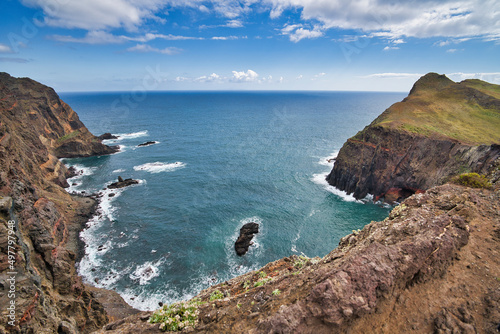 Ponta de Sao Lourenco, Madeira,Portugal. Beautiful scenic mountain view of green landscape,cliffs and Atlantic Ocean.