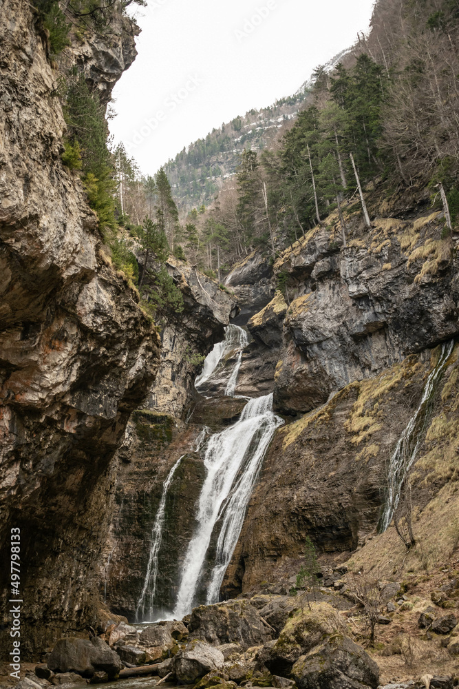 Waterfall in the Pyrenees on a winter day