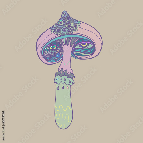 Magic mushroom. Psychedelic hallucination. Vector illustration in pastel colors isolated. 60s trippy hippie art for sticker, patch or poster design.