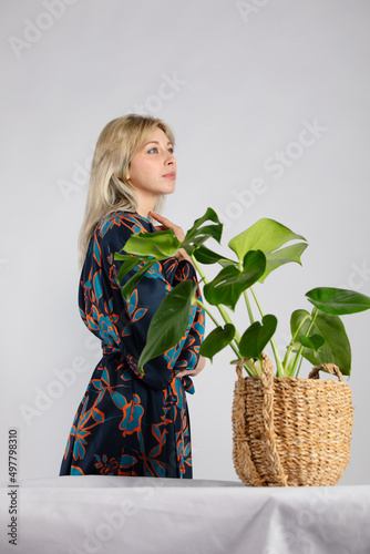 Young beautiful lady in a colorful trendy and fashionable kimono.