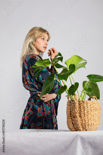 Young beautiful lady in a colorful trendy and fashionable kimono.