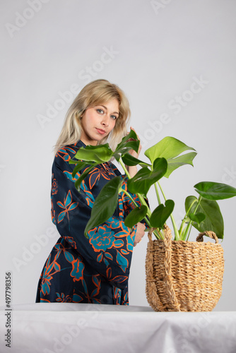 Young beautiful lady in a colorful trendy and fashionable kimono.