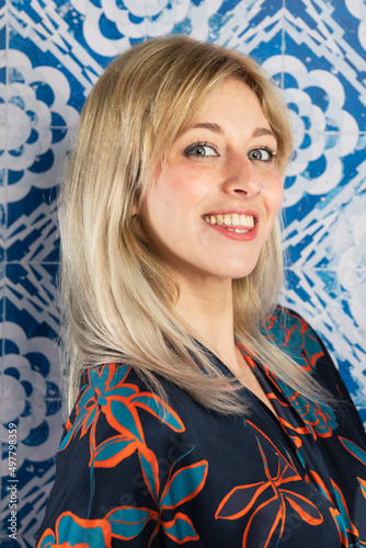 Young beautiful lady in a colorful trendy and fashionable kimono.