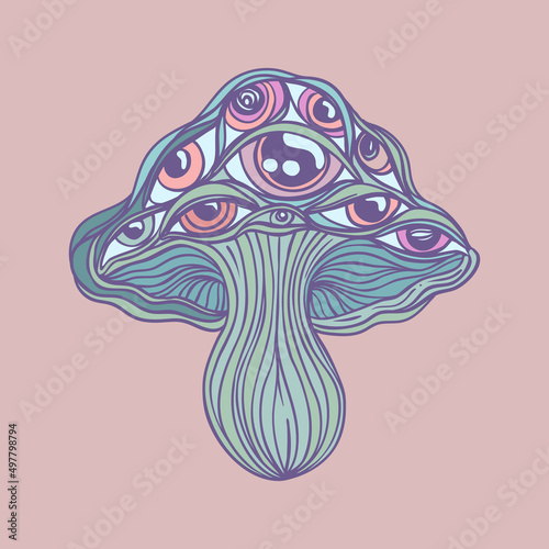 Magic mushroom. Psychedelic hallucination. Vector illustration in pastel colors isolated. 60s trippy hippie art for sticker, patch or poster design.
