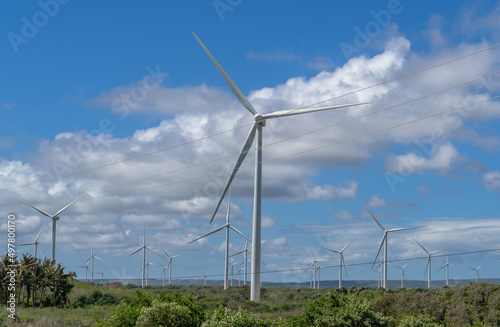 Wind turbines, Wind energy in a wind farm in the Dominican Republic, renewable energy, clean energy.