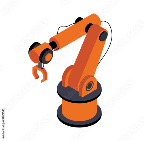 Robotic isometric manipulator. Special gripper for carrying goods on conveyor, automatic production of goods and iron parts. Inventory for factory or warehouse. Cartoon 3D vector illustration photo
