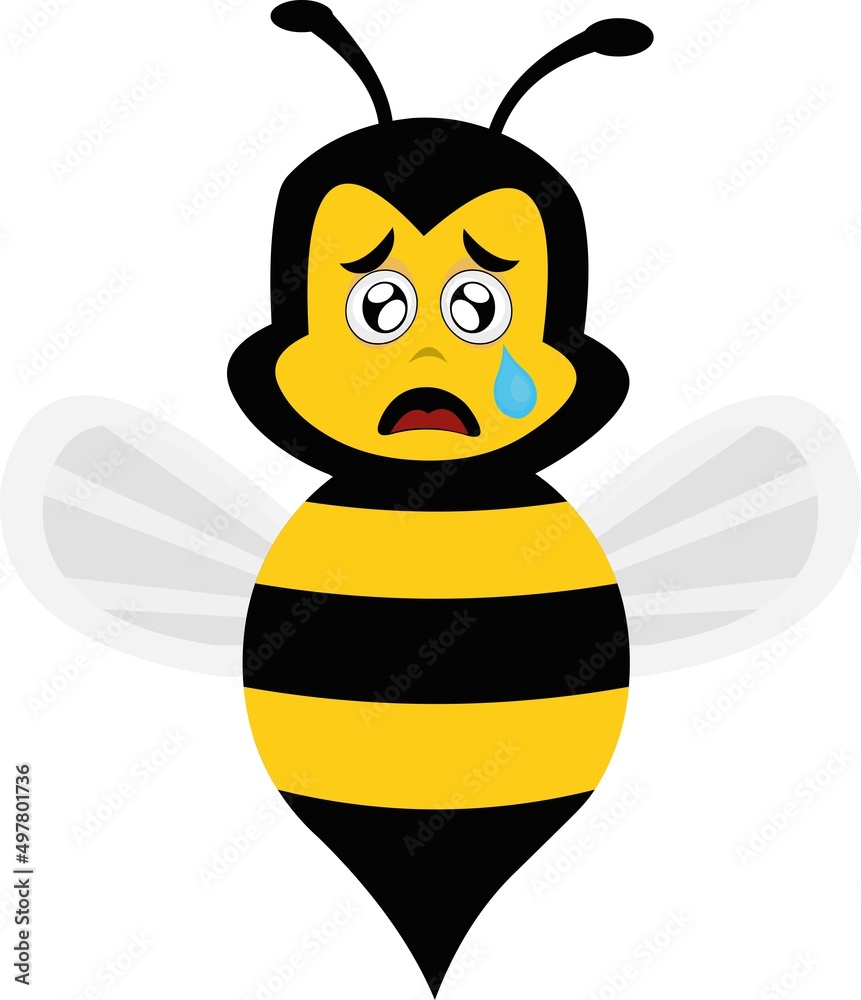 Vector illustration of a cartoon bee with a sad expression, crying with a tear falling from one of his eyes Vector illustration of a cartoon bee with a sad expression, crying with a tear falling from one of his eyes