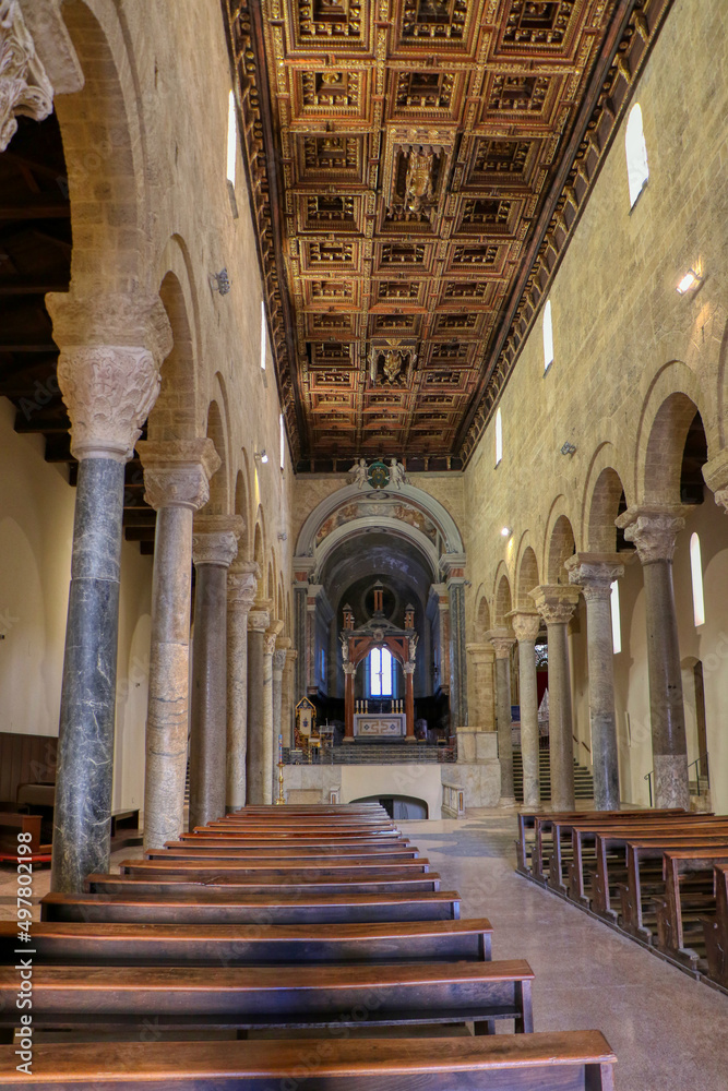 Interior of Taranto Cathedral dedicated to Saint Cataldo (Cattedrale di San Cataldo). Roman Catholic cathedral located in Old Town Taranto, Puglia, Italy