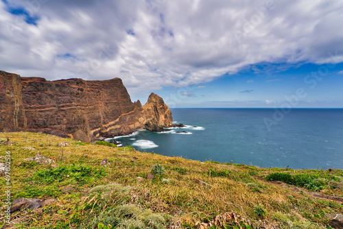 Ponta de Sao Lourenco, Madeira,Portugal. Beautiful scenic mountain view of green landscape,cliffs and Atlantic Ocean.