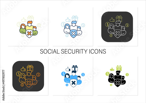 Social security icons set. Eliminating society needs.Rise in living standards. Universal basic income.Collection of icons in linear, filled, color styles.Isolated vector illustrations