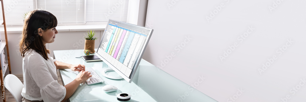 Businesswoman Analyzing Data On Computer Businesswoman Analyzing Data On Computer