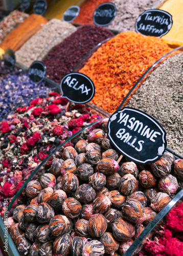 Closeup foto of Yasmine balls on the food market in Turkey. Turkish spice market in Istanbul photo