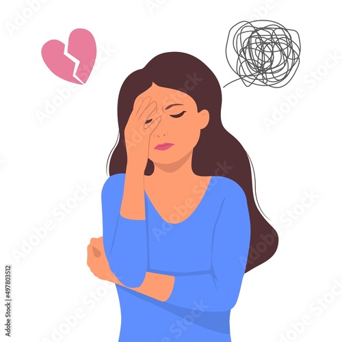 Woman suffering from depression. A young girl suffers from unhappy love.Vector cartoon illustration.