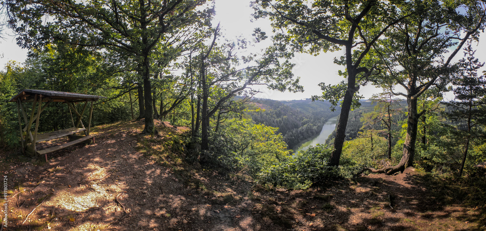 Viewpoint and hiking trail on the Hemmkoppe near Ziegenrück. View of the Saale, Saale loop in the Thuringian Sea. Viewpoint and hiking trail on the Hemmkoppe near Ziegenrück. View of the Saale, Saale loop in the Thuringian Sea.