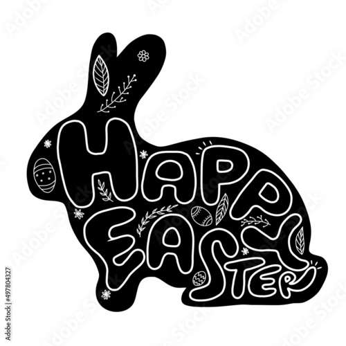 A silhouette bunny rabbit with hand drawn Scandinavian style pattern inside and stated Happy Easter in white.