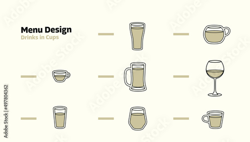 Cocktail glasses minimal vector thin line illustration. Set of 8 drinks. Coffee, cocktail, beer and wine glasses for menu designs.
