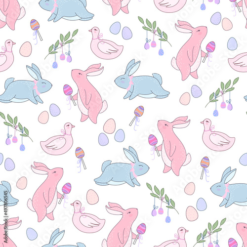 Seamless Easter pattern with rabbits and geese. Vector illustration in cute doodle style.