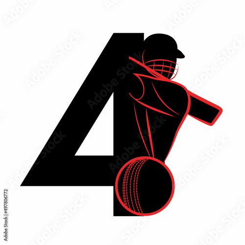 Modern 4 Number with Cricket Sports Logo Template Design. Cricket player logo design. Cricket batting vector design. Batsman logotype, Vector logo for Cricket game, Cricket logo