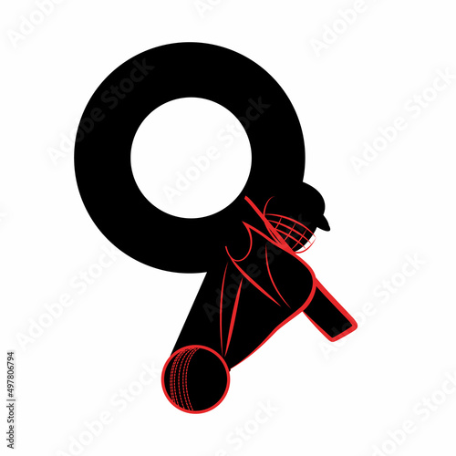 Modern 9 Number with Cricket Sports Logo Template Design. Cricket player logo design. Cricket batting vector design. Batsman logotype, Vector logo for Cricket game, Cricket logo